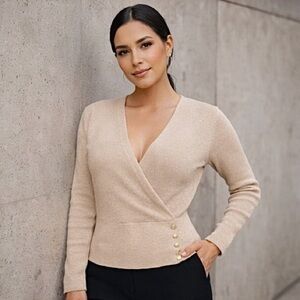 💖 CALLIGRAPHIE - Shimmery Stretchy Tan V-Neck Sweater, Sz L